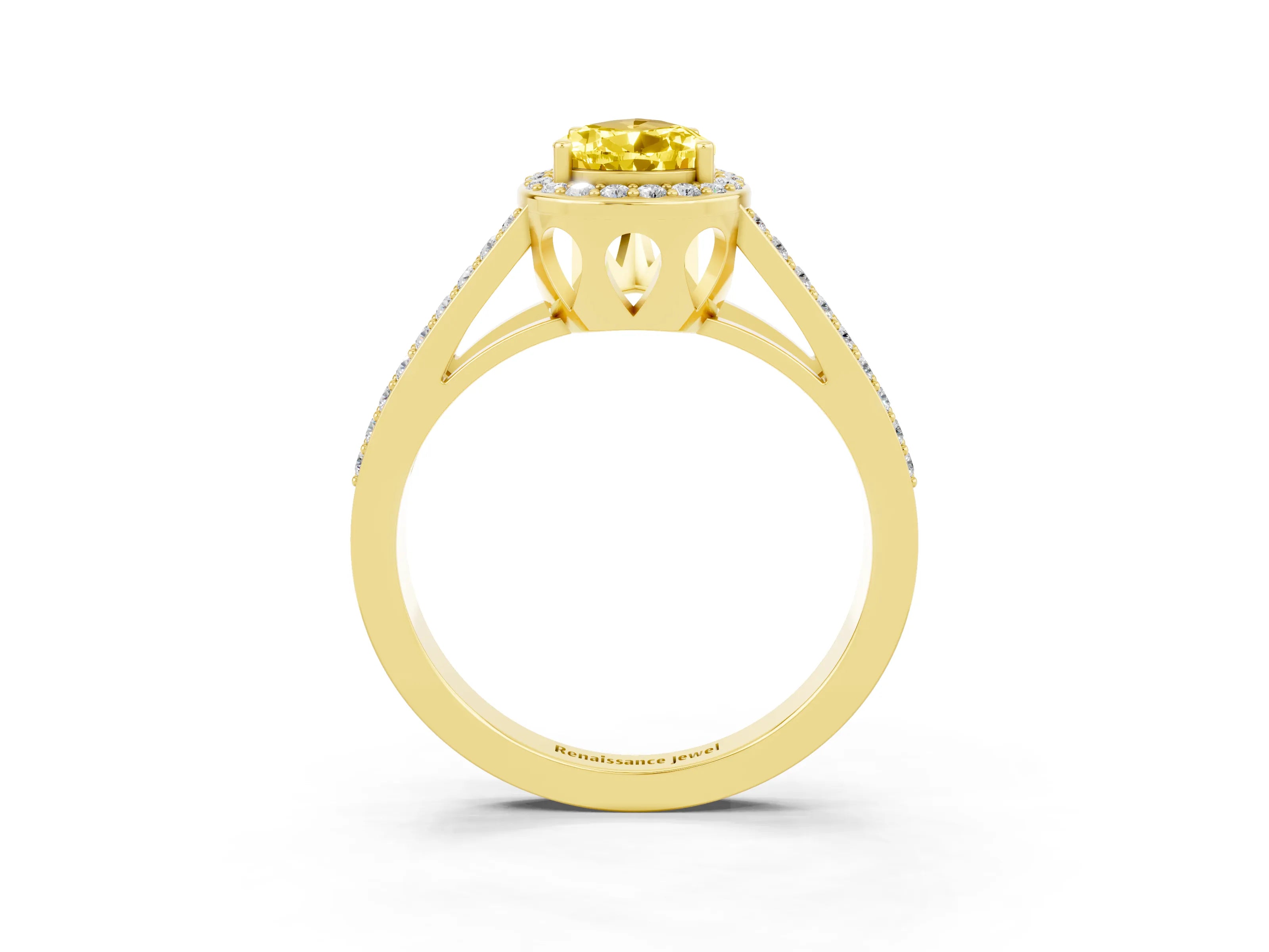 Yellow gold Pear Cut Yellow Sapphire Halo Ring with Split Shank U-Prong Band and Four-Prong Setting_3
