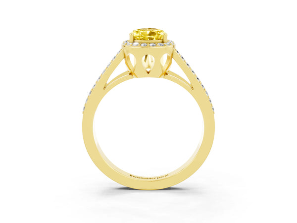 Yellow gold Pear Cut Yellow Sapphire Halo Ring with Split Shank U-Prong Band and Four-Prong Setting
