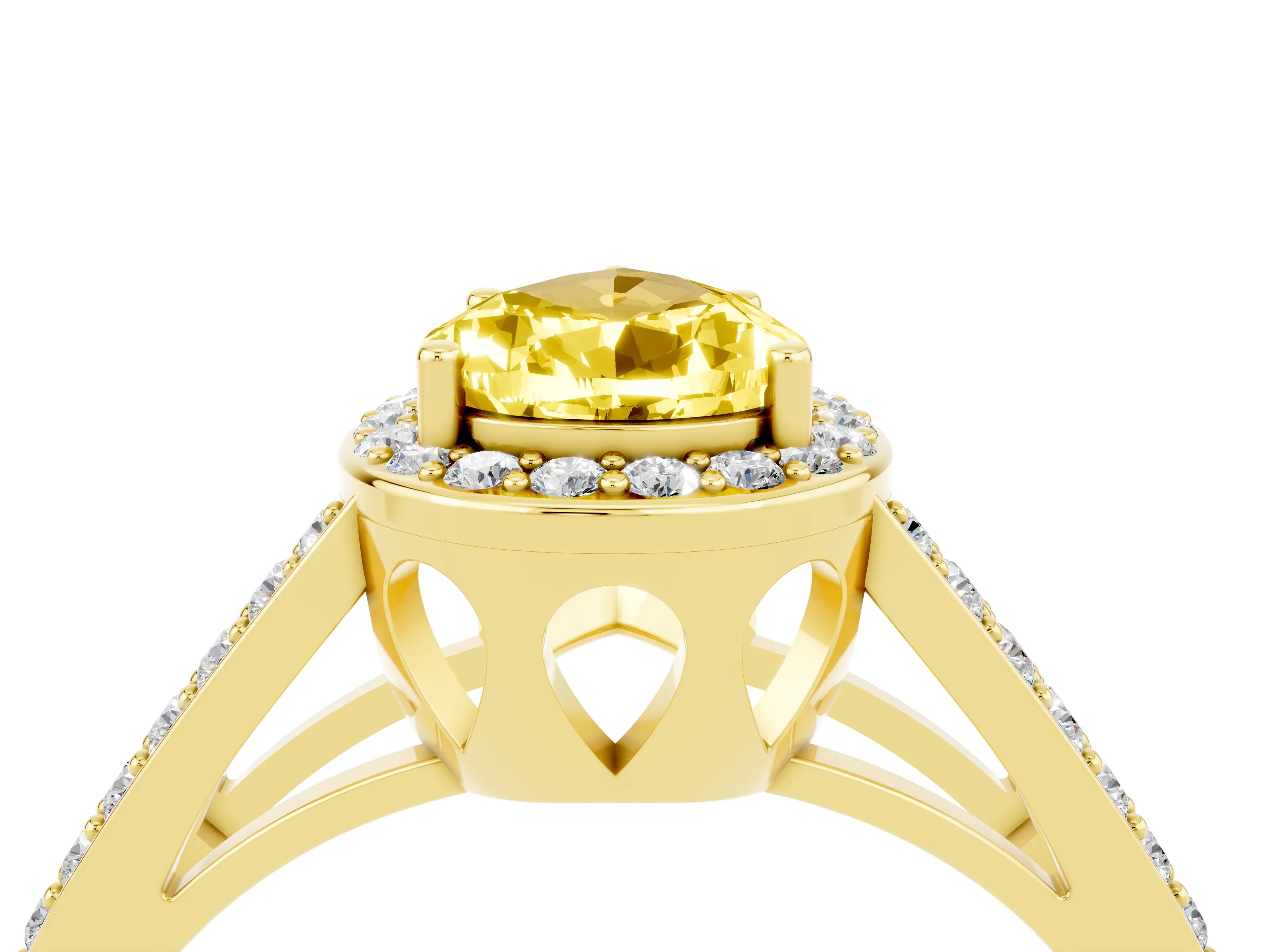 Yellow gold Pear Cut Yellow Sapphire Halo Ring with Split Shank U-Prong Band and Four-Prong Setting_4
