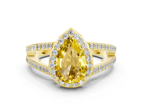 Yellow gold Pear Cut Yellow Sapphire Halo Ring with Split Shank U-Prong Band and Four-Prong Setting