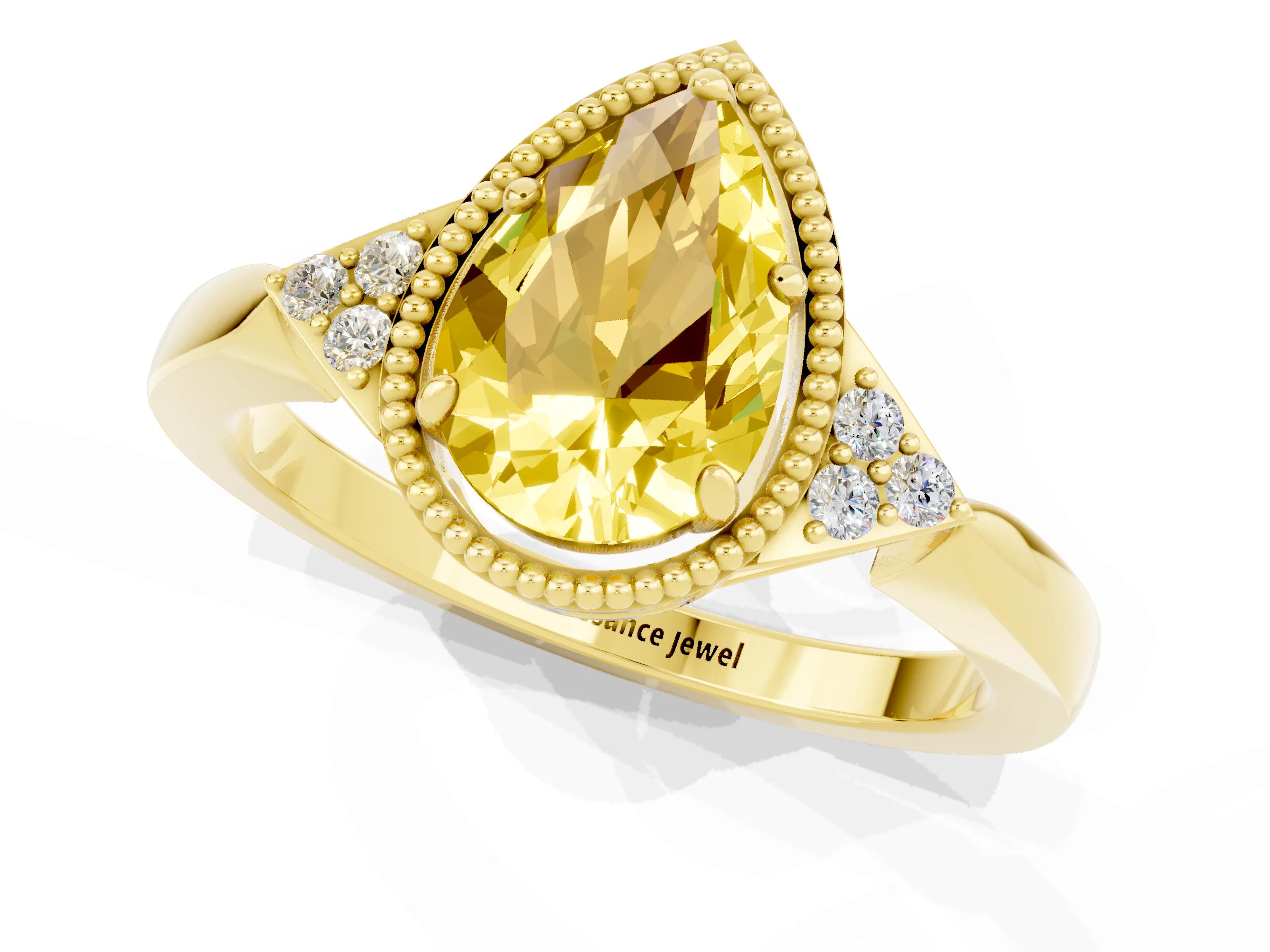 Yellow gold Pear Cut Yellow Sapphire Halo Ring with Tapered Band and Four-Prong Setting_1