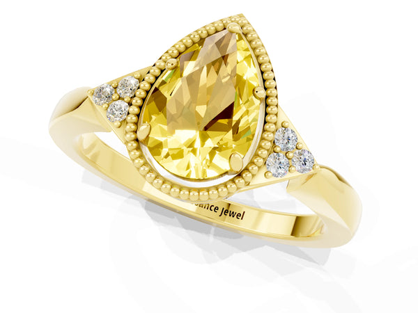 Yellow gold Pear Cut Yellow Sapphire Halo Ring with Tapered Band and Four-Prong Setting