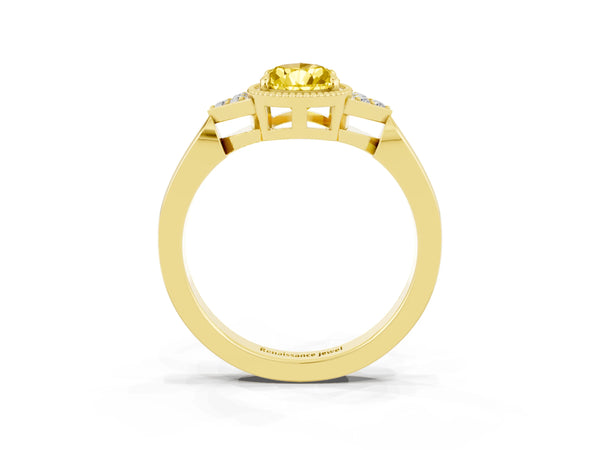 Yellow gold Pear Cut Yellow Sapphire Halo Ring with Tapered Band and Four-Prong Setting