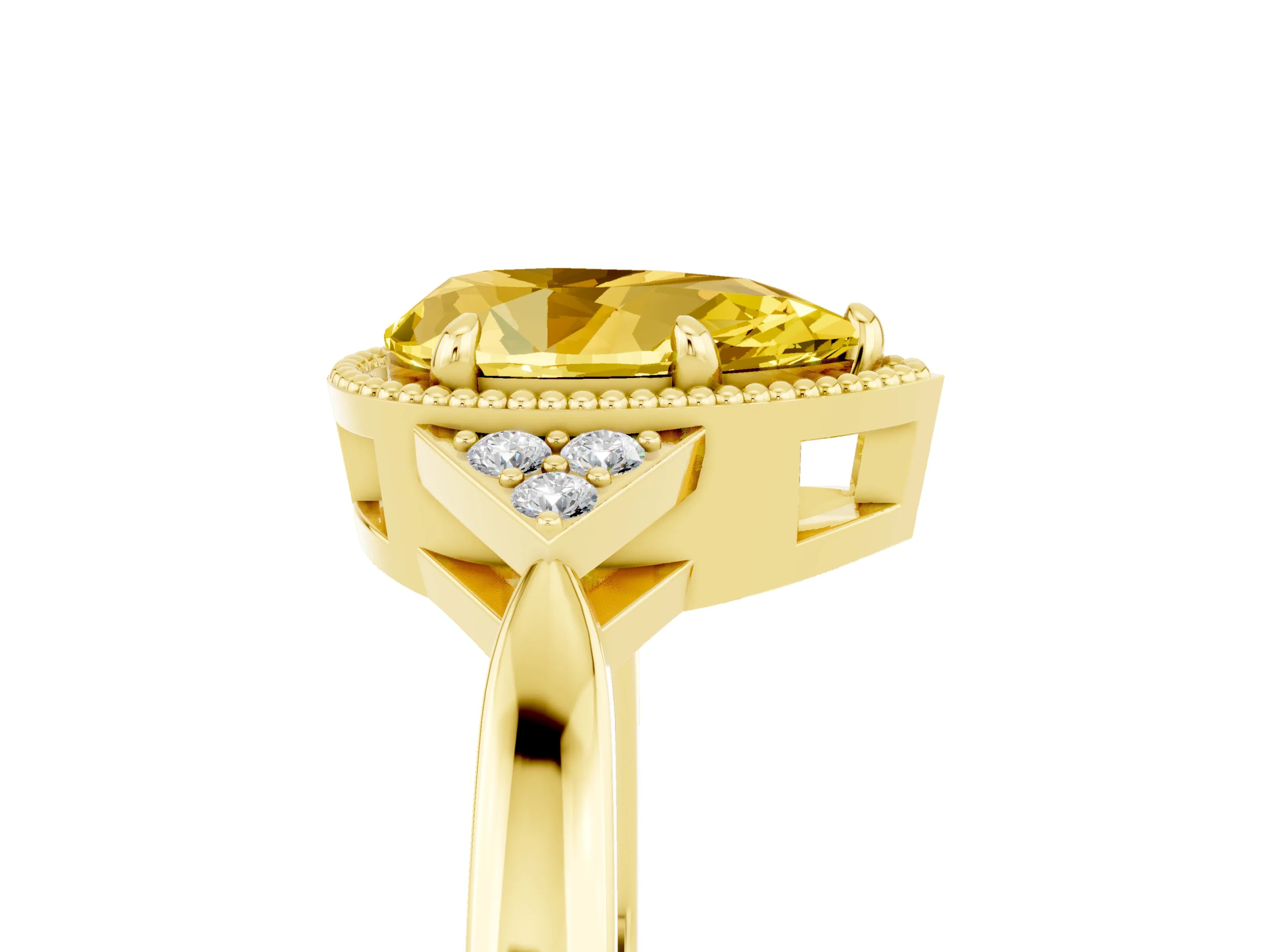 Yellow gold Pear Cut Yellow Sapphire Halo Ring with Tapered Band and Four-Prong Setting_5