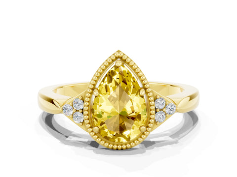 Yellow gold Pear Cut Yellow Sapphire Halo Ring with Tapered Band and Four-Prong Setting