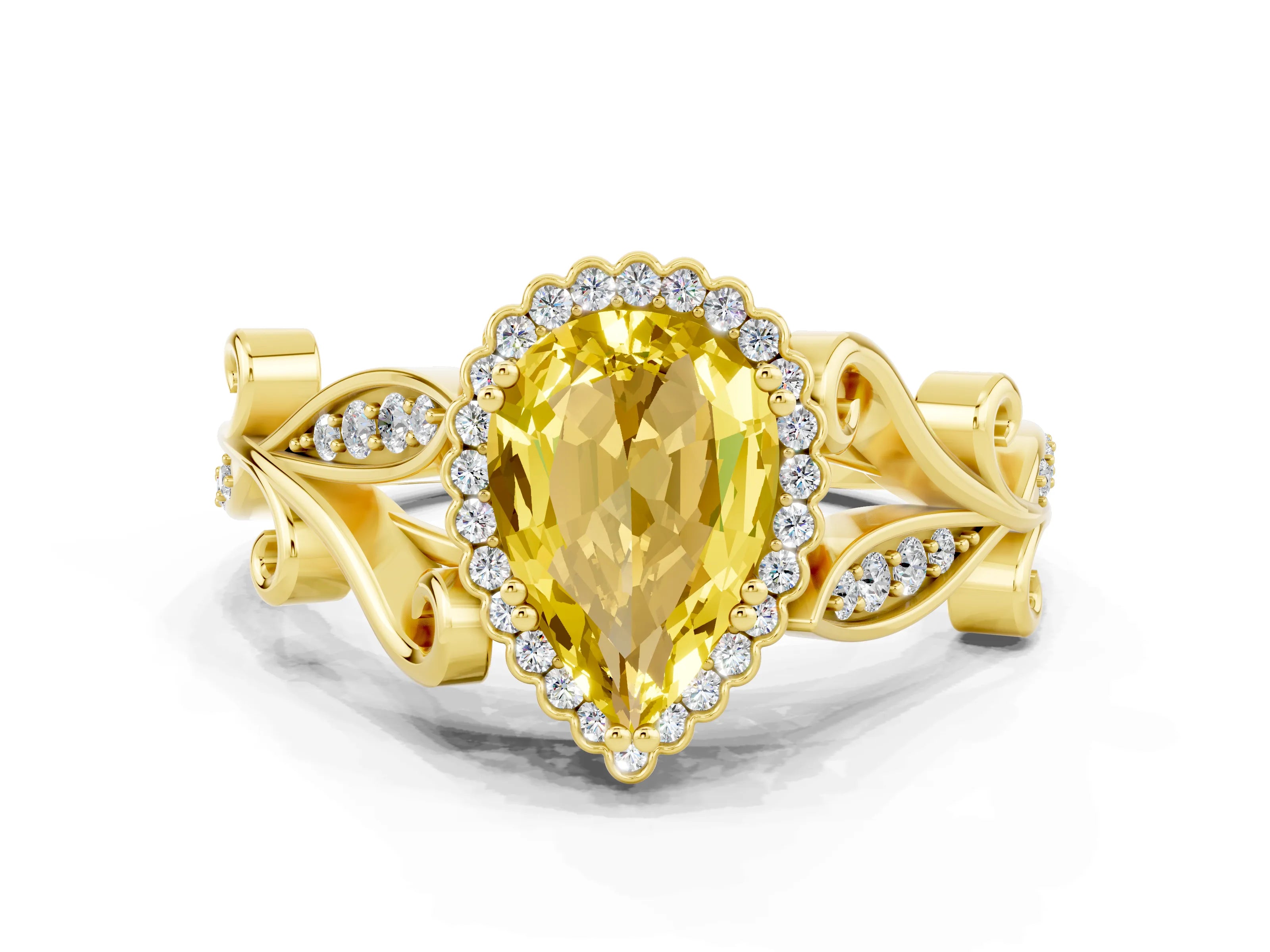 Yellow gold Pear Cut Yellow Sapphire Halo Ring with Vintage Split Shank and Four-Prong Setting