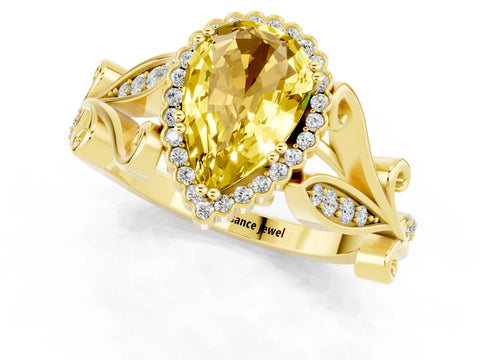 Yellow gold Pear Cut Yellow Sapphire Halo Ring with Vintage Split Shank and Four-Prong Setting_1