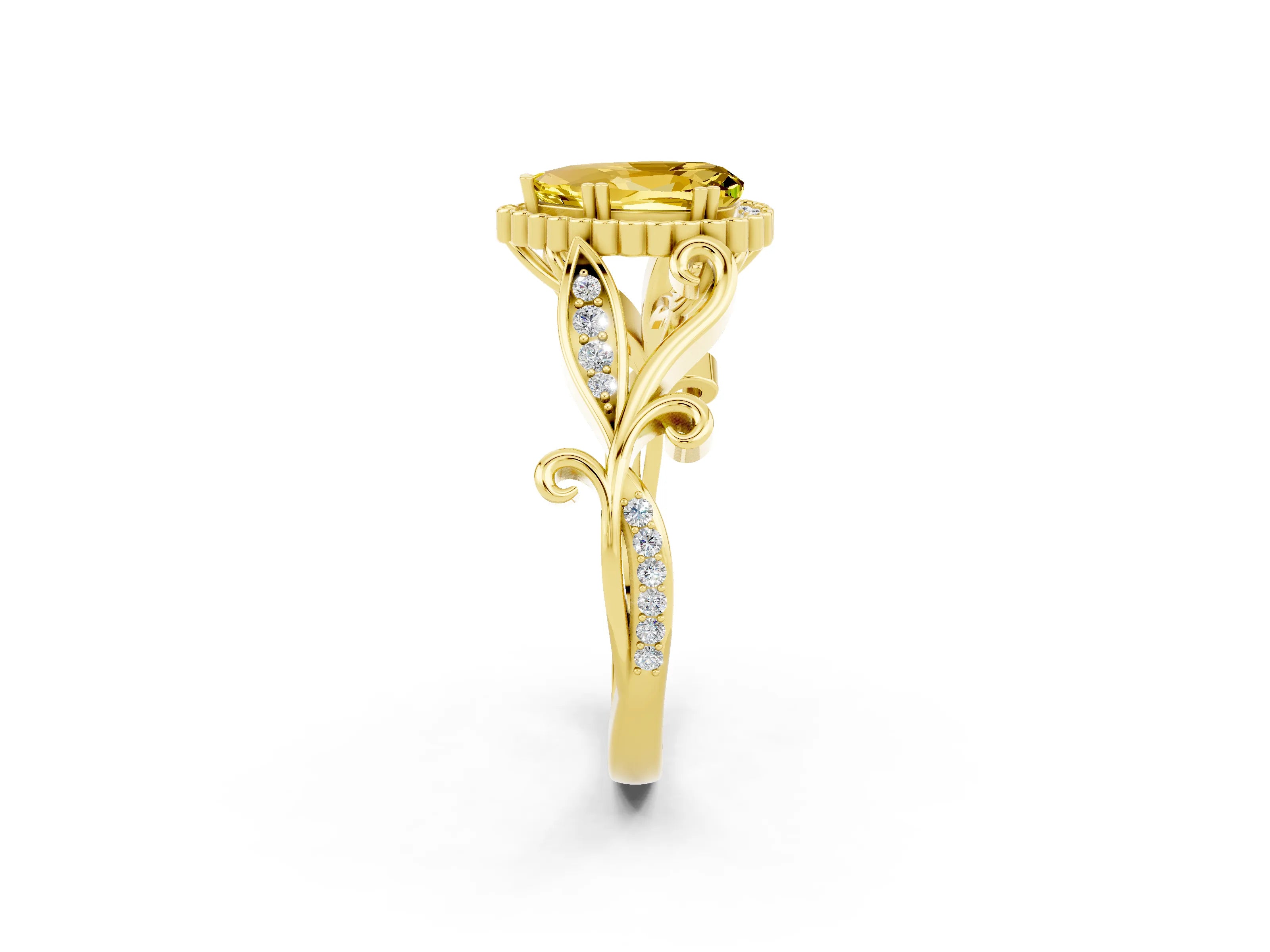 Yellow gold Pear Cut Yellow Sapphire Halo Ring with Vintage Split Shank and Four-Prong Setting_2