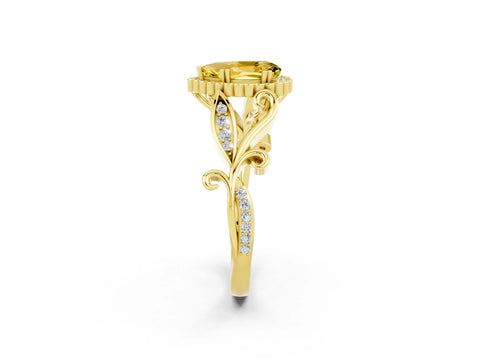 Yellow gold Pear Cut Yellow Sapphire Halo Ring with Vintage Split Shank and Four-Prong Setting_2