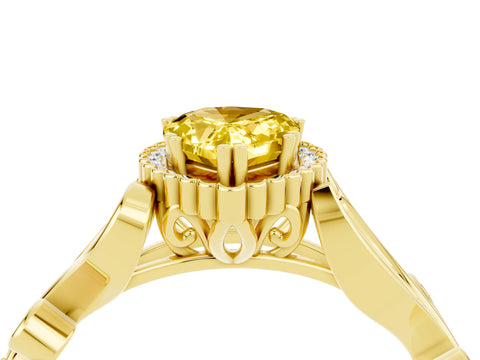 Yellow gold Pear Cut Yellow Sapphire Halo Ring with Vintage Split Shank and Four-Prong Setting_4