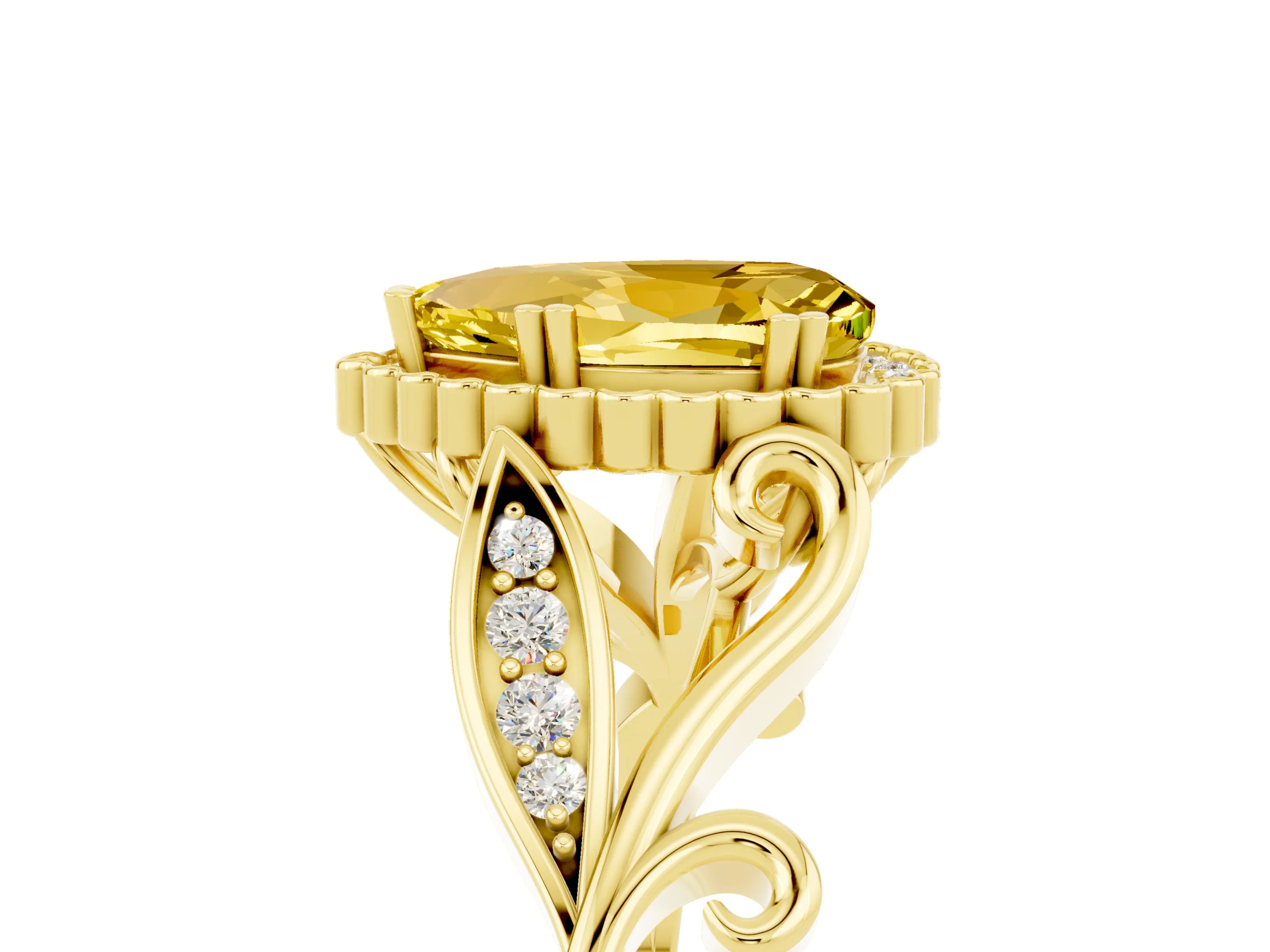 Yellow gold Pear Cut Yellow Sapphire Halo Ring with Vintage Split Shank and Four-Prong Setting_5