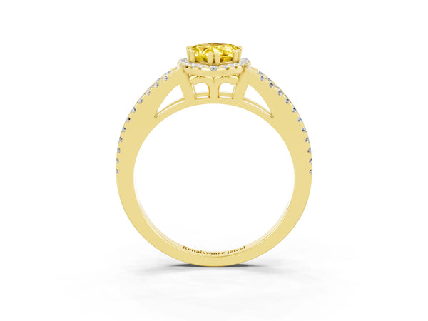 Yellow gold Pear Cut Yellow Sapphire Halo Split Shank Engagement Ring