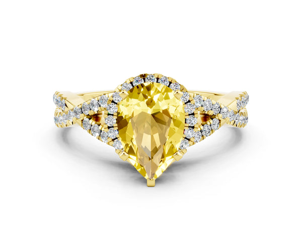 Yellow gold Pear Cut Yellow Sapphire  Halo Twist Band Solitaire Prong Setting Ring