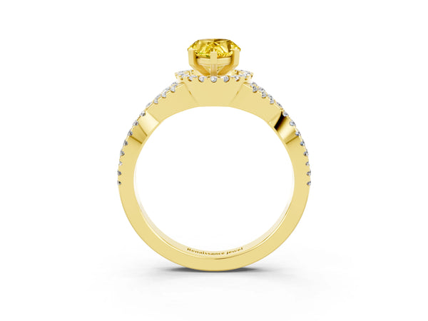 Yellow gold Pear Cut Yellow Sapphire  Halo Twist Band Solitaire Prong Setting Ring
