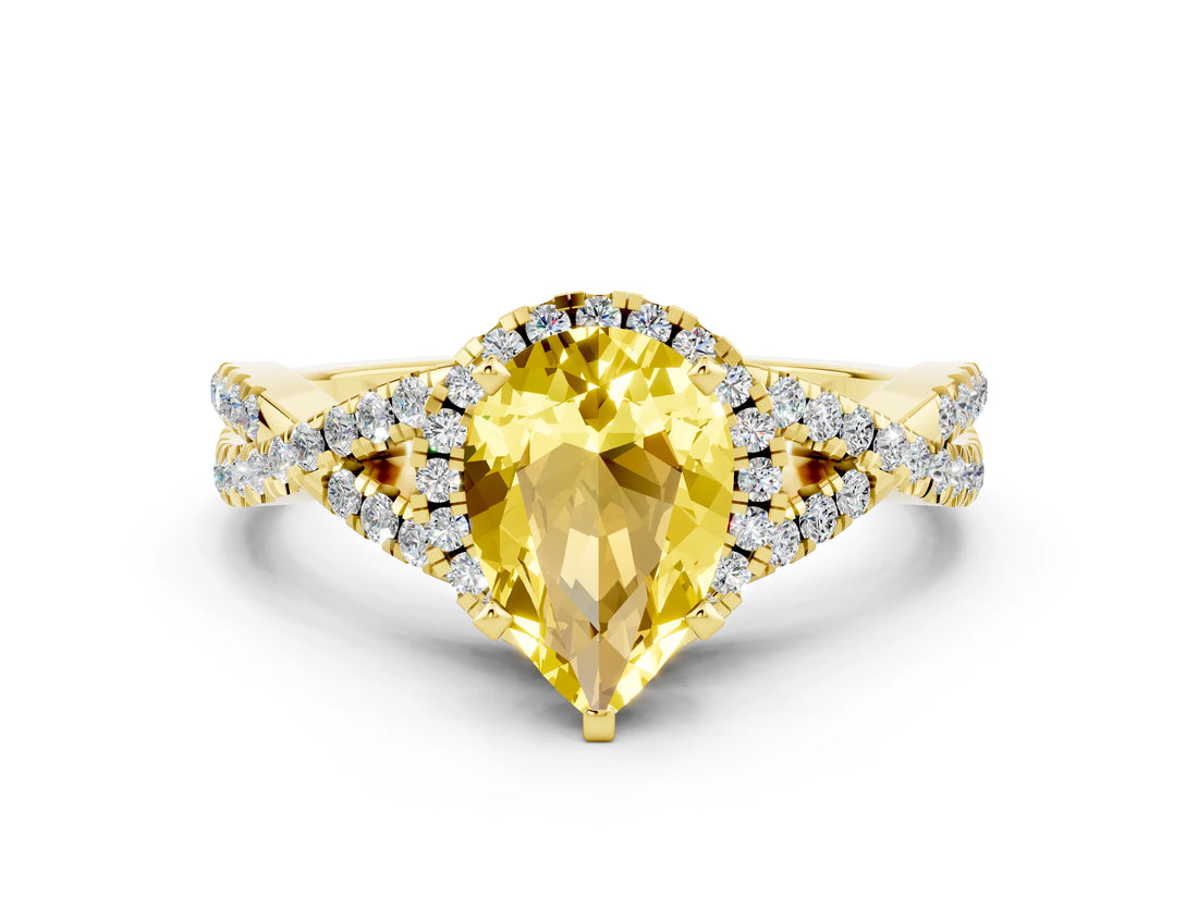 Yellow gold Pear Cut Yellow Sapphire  Halo Twist Band Solitaire Prong Setting Ring_36
