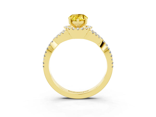 Yellow gold Pear Cut Yellow Sapphire  Halo Twist Band Solitaire Prong Setting Ring