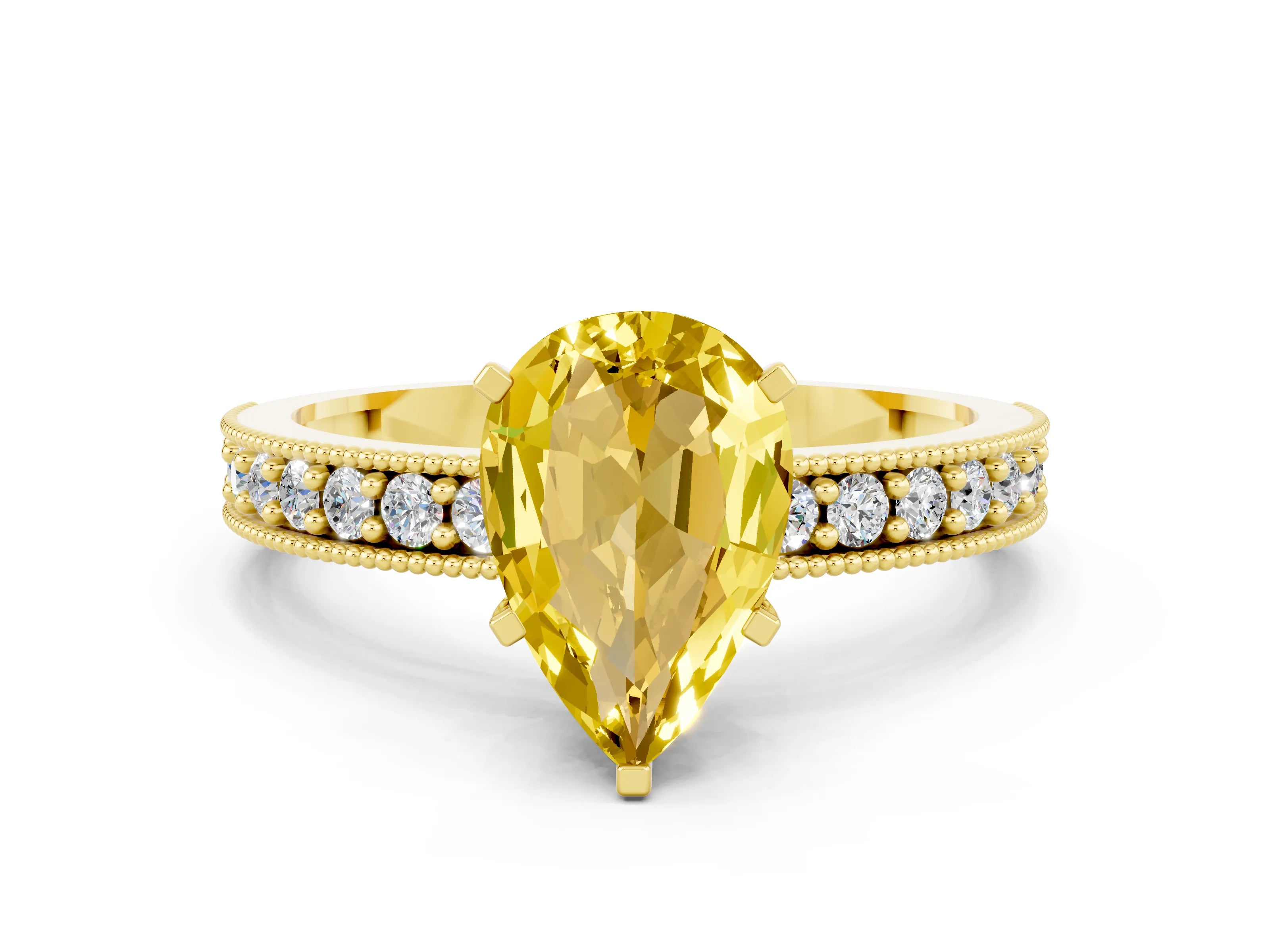 Yellow gold Pear Cut Yellow Sapphire Milgrain Pavé Engagement Ring with Four-Prong Setting_24