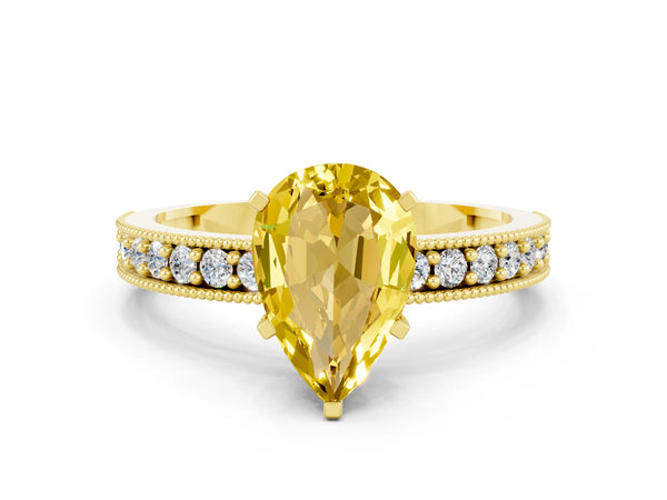 Yellow gold Pear Cut Yellow Sapphire Milgrain Pavé Engagement Ring with Four-Prong Setting