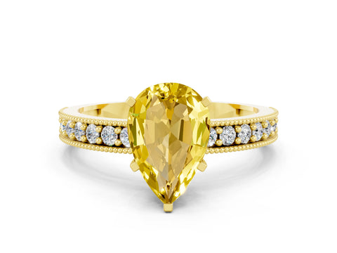 Yellow gold Pear Cut Yellow Sapphire Milgrain Pavé Engagement Ring with Four-Prong Setting_24