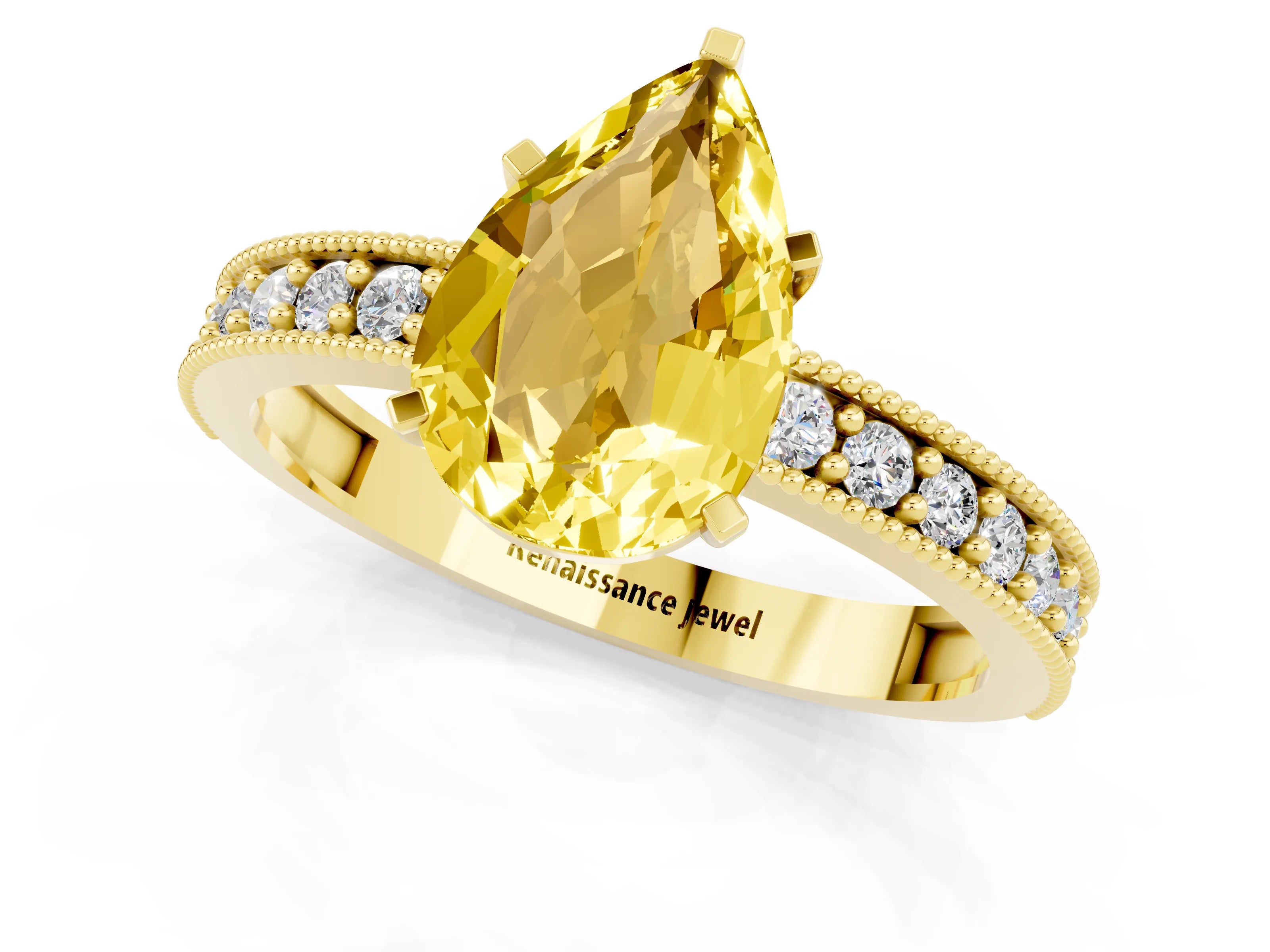 Yellow gold Pear Cut Yellow Sapphire Milgrain Pavé Engagement Ring with Four-Prong Setting_25