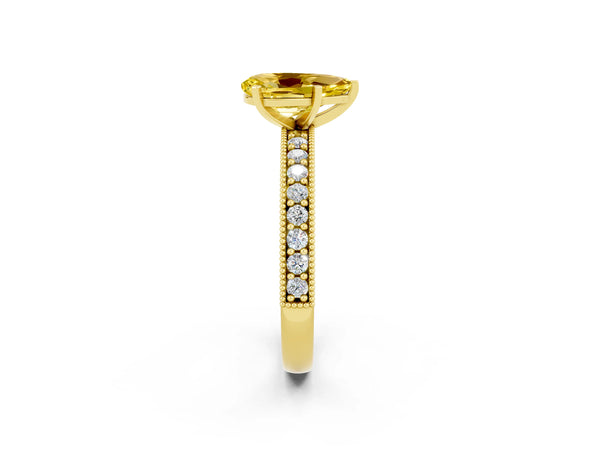 Yellow gold Pear Cut Yellow Sapphire Milgrain Pavé Engagement Ring with Four-Prong Setting
