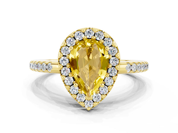 Yellow gold Pear Cut Yellow Sapphire Pavé Halo Ring with Four-Prong Setting