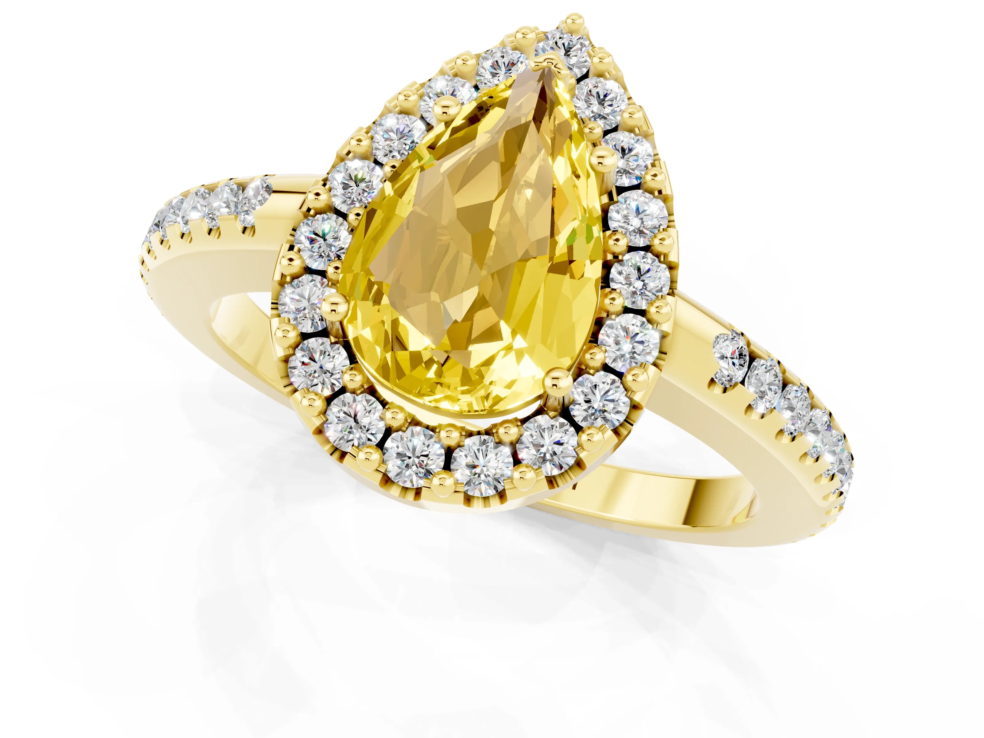 Yellow gold Pear Cut Yellow Sapphire Pavé Halo Ring with Four-Prong Setting_13