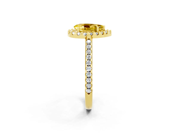 Yellow gold Pear Cut Yellow Sapphire Pavé Halo Ring with Four-Prong Setting