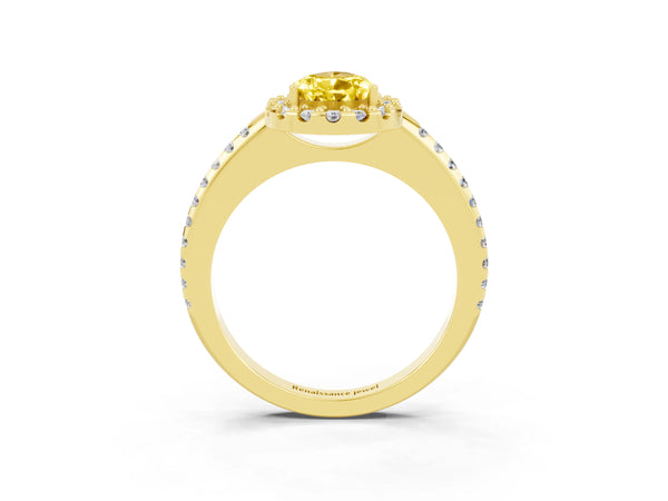 Yellow gold Pear Cut Yellow Sapphire Pavé Halo Ring with Four-Prong Setting