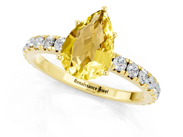 Yellow gold Pear Cut Yellow Sapphire Pavé Solitaire Engagement Ring with Four-Prong Setting