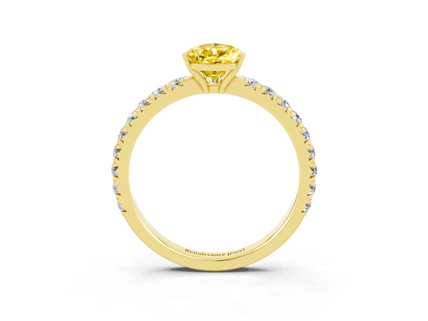 Yellow gold Pear Cut Yellow Sapphire Pavé Solitaire Engagement Ring with Four-Prong Setting