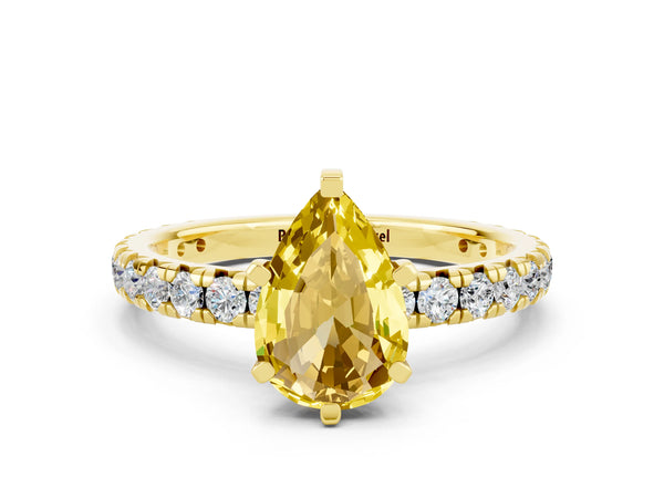 Yellow gold Pear Cut Yellow Sapphire Pavé Solitaire Ring with Round Band and Prong Setting