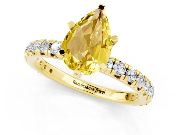 Yellow gold Pear Cut Yellow Sapphire Pavé Solitaire Ring with Round Band and Prong Setting