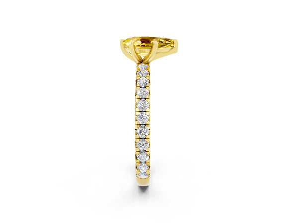 Yellow gold Pear Cut Yellow Sapphire Pavé Solitaire Ring with Round Band and Prong Setting