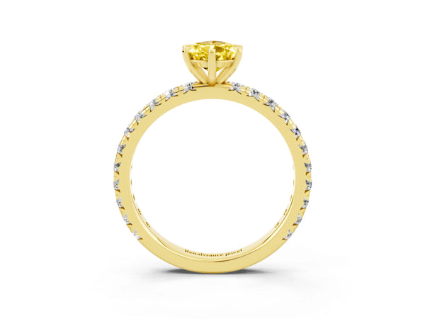 Yellow gold Pear Cut Yellow Sapphire Pavé Solitaire Ring with Round Band and Prong Setting