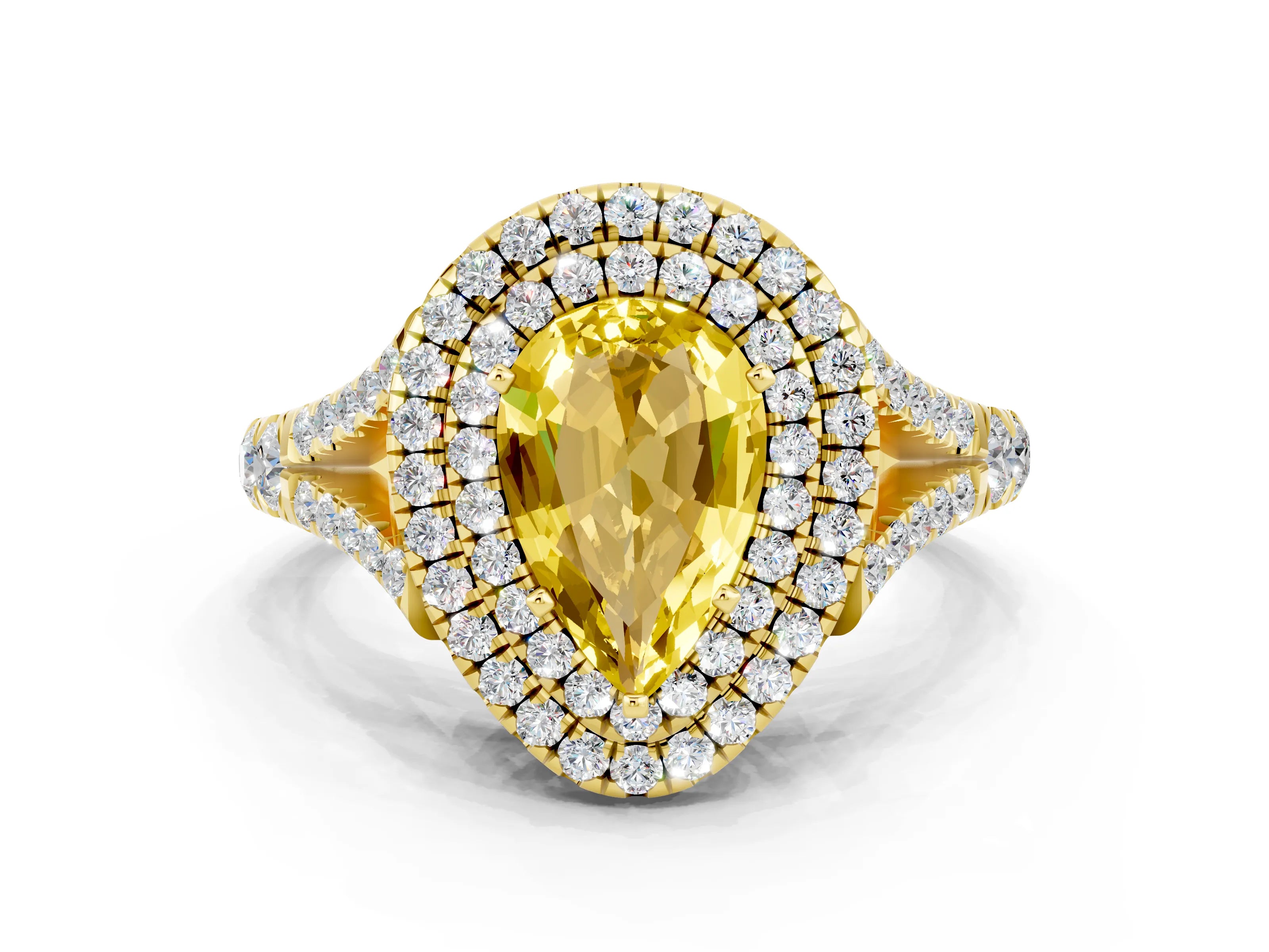 Yellow gold Pear Cut Yellow Sapphire Pavé Split Shank Double Halo Engagement Ring