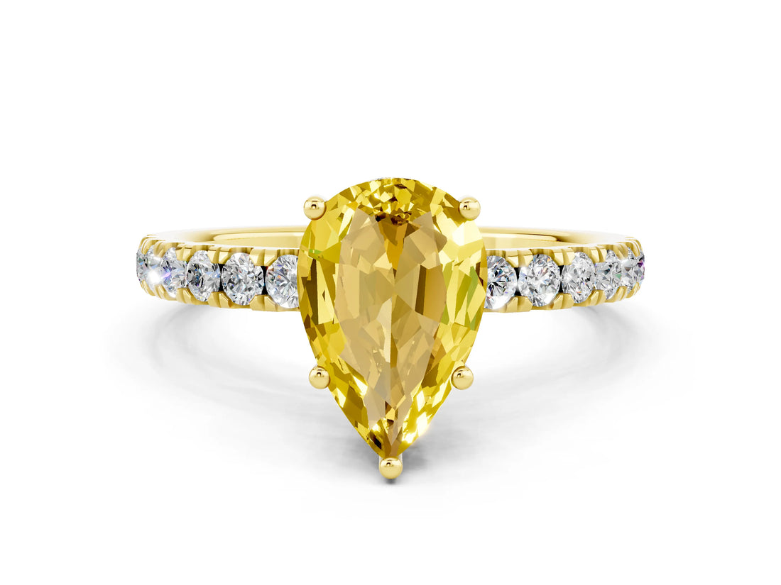 Yellow gold Pear Cut Yellow Sapphire Pave Band Solitaire Ring with Four-Prong Setting_60