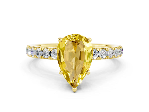 Yellow gold Pear Cut Yellow Sapphire Pave Band Solitaire Ring with Round  and Prong Setting