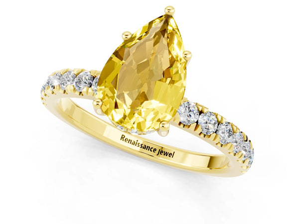Yellow gold Pear Cut Yellow Sapphire Pave Band Solitaire Ring with Round  and Prong Setting