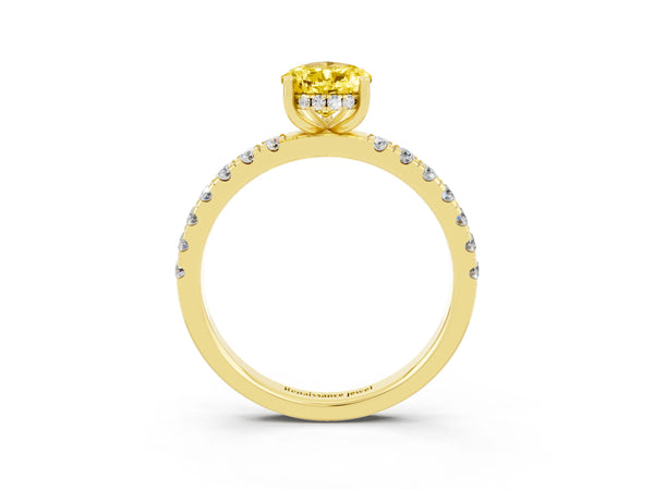 Yellow gold Pear Cut Yellow Sapphire Pave Band Solitaire Ring with Round  and Prong Setting