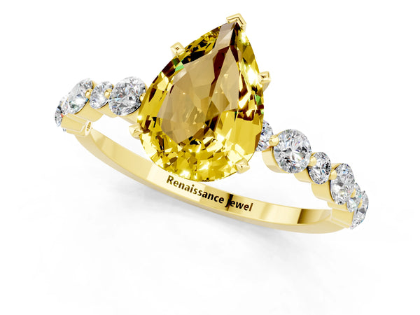 Yellow gold Pear Cut Yellow Sapphire Prong Set Engagement Ring with Pavé Band