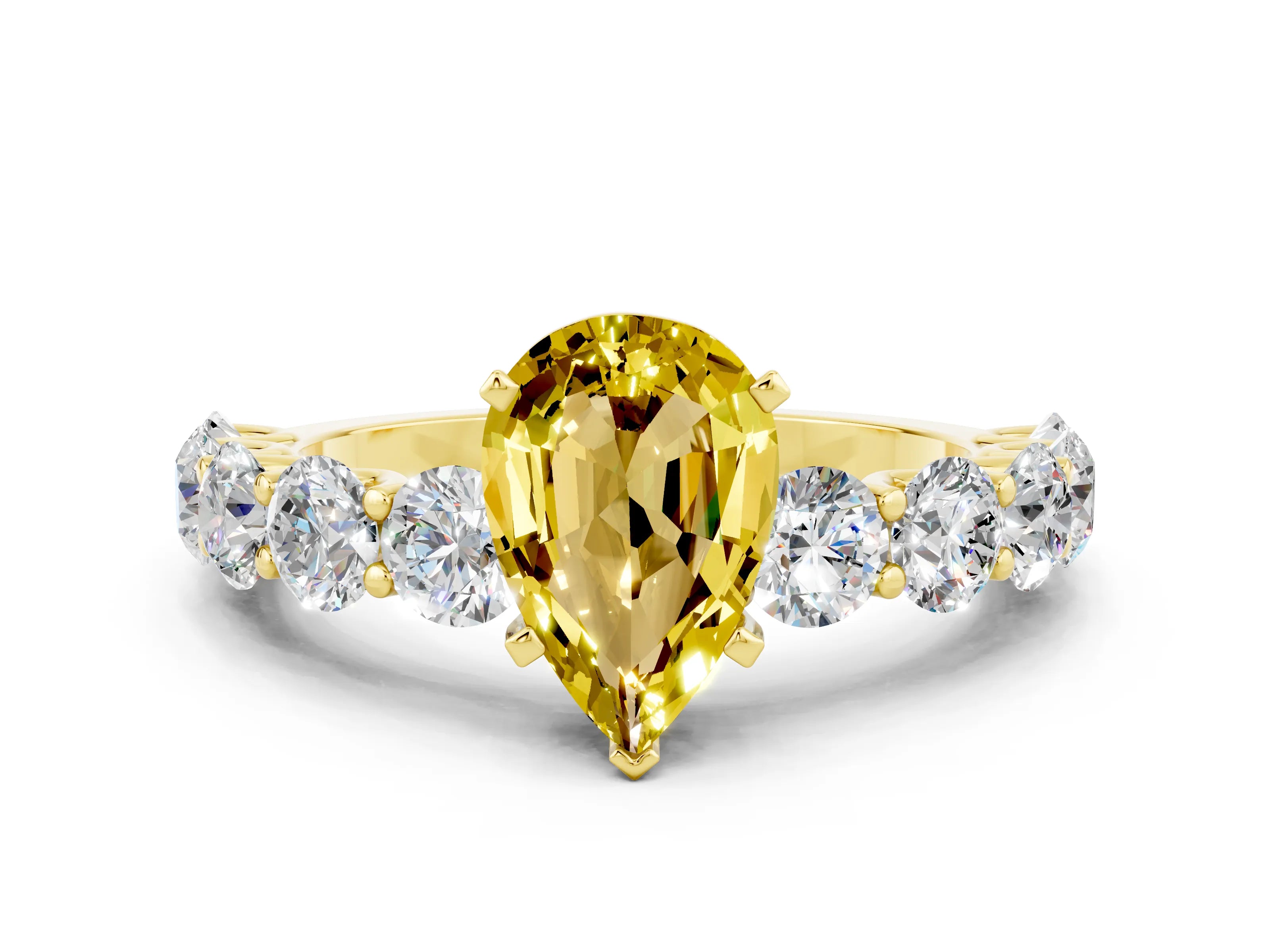 Yellow gold Pear Cut Yellow Sapphire Prong Setting with Side Stones on a Pave Band_24