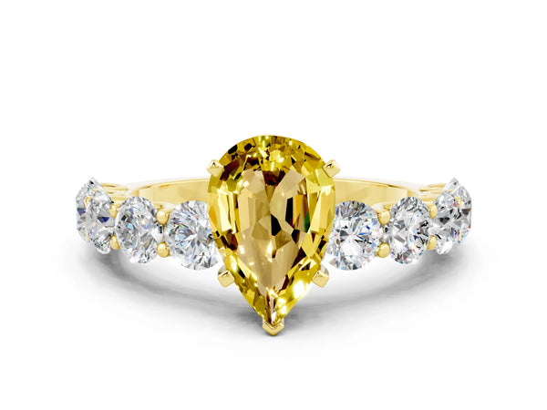 Yellow gold Pear Cut Yellow Sapphire Prong Setting with Side Stones on a Pave Band