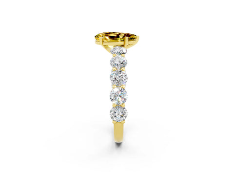 Yellow gold Pear Cut Yellow Sapphire Prong Setting with Side Stones on a Pave Band_26