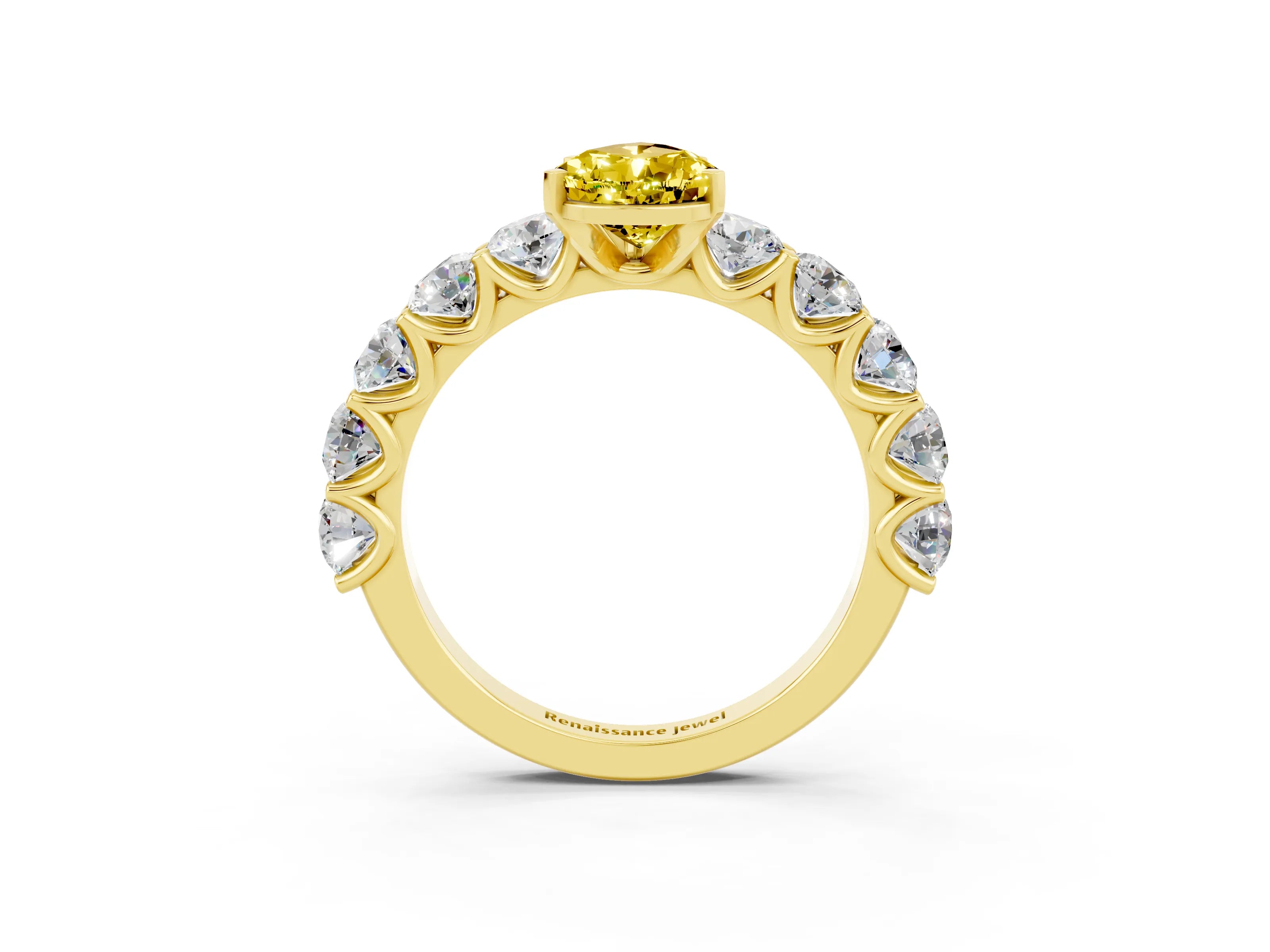 Yellow gold Pear Cut Yellow Sapphire Prong Setting with Side Stones on a Pave Band_27