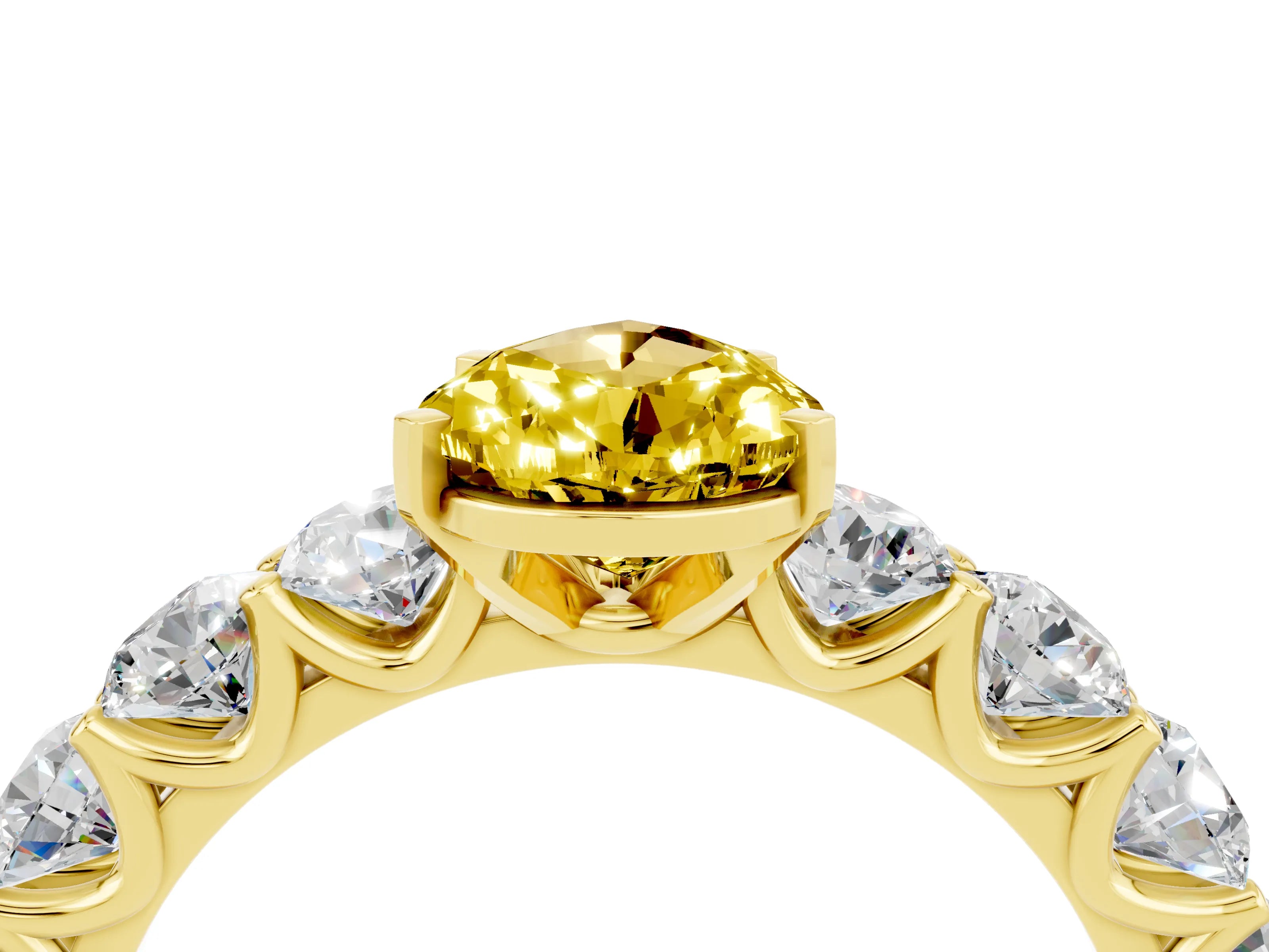 Yellow gold Pear Cut Yellow Sapphire Prong Setting with Side Stones on a Pave Band_28