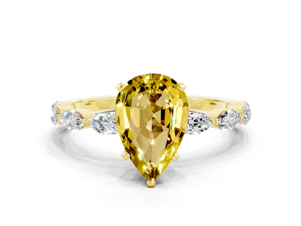 Yellow gold Pear Cut Yellow Sapphire Ring with Marquise Side Stones and Prong Setting