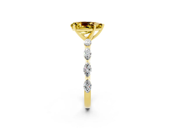 Yellow gold Pear Cut Yellow Sapphire Ring with Marquise Side Stones and Prong Setting