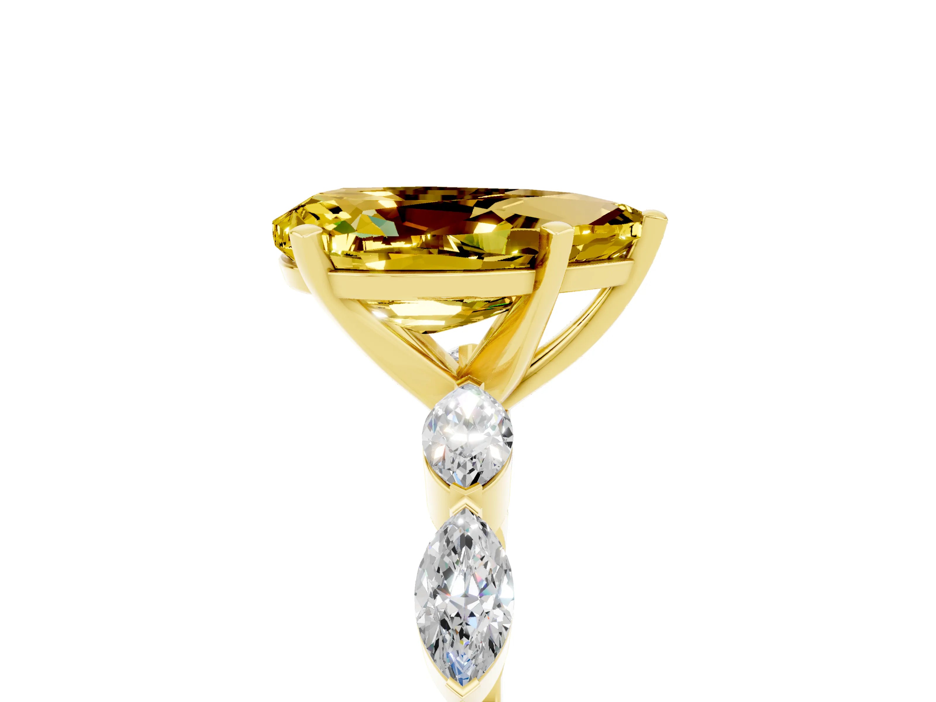 Yellow gold Pear Cut Yellow Sapphire Ring with Marquise Side Stones and Prong Setting_17