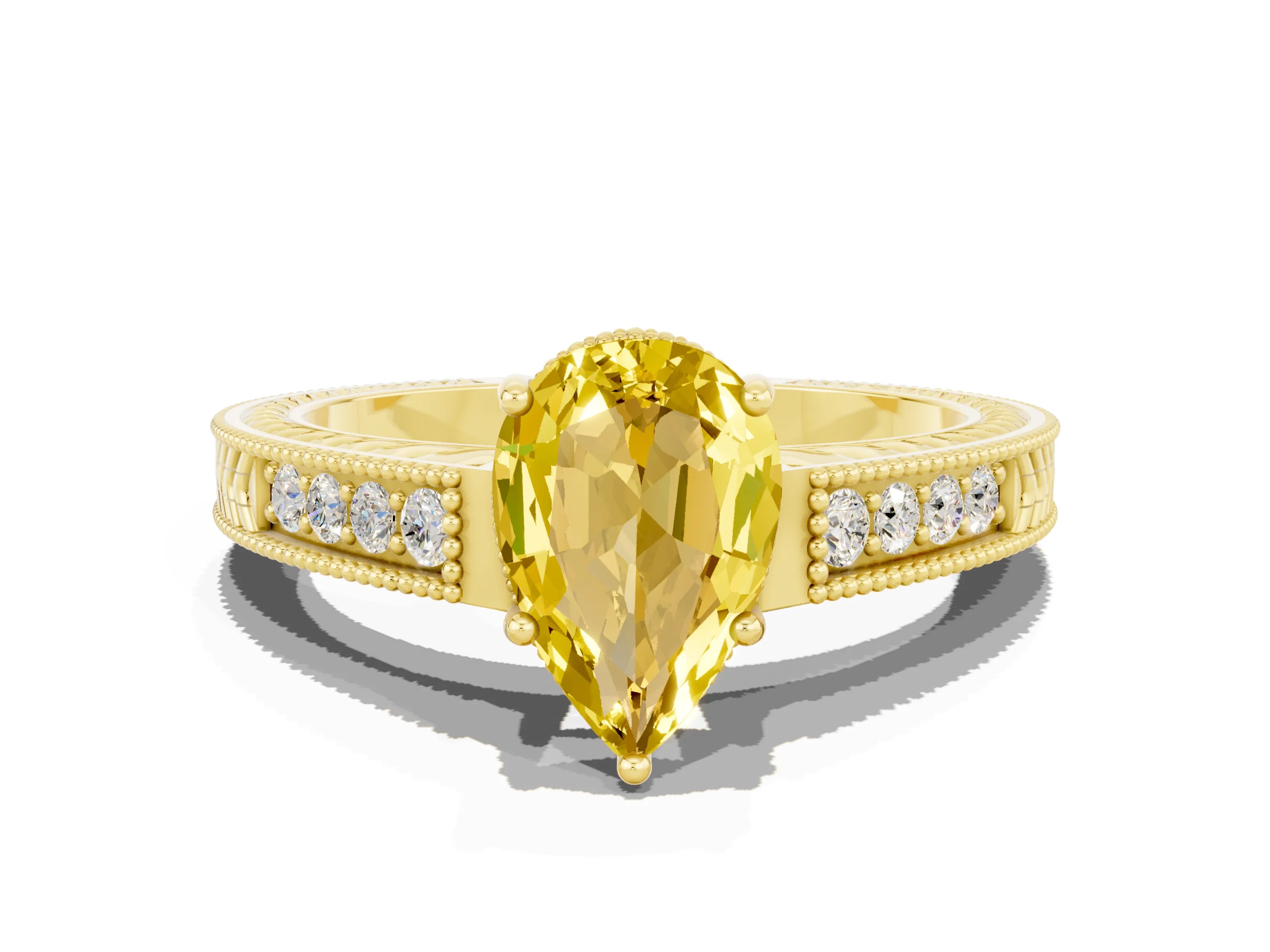 Yellow gold Pear Cut Yellow Sapphire Ring with Milgrain Pavé Band and Four-Prong Setting_36